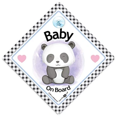 Image of iwantthatsign.com Baby Panda On Board Sign, Car Sign With Bear, Suction Cup in Super Bright White and Black 14cm x