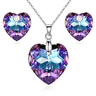 Image of Crystalline Azuria Women 18ct White Gold Plated Hearts Crystals Purple Rainbow Set Pendant Necklace 17.7 inches Earrings