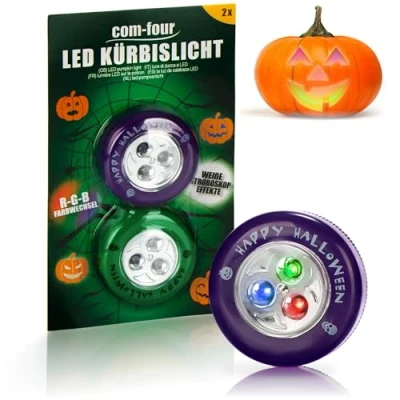 Image of com four® 2X LED Light for Halloween Flashing Pumpkin Lights Hollowed Out and Carved Pumpkins Lamp