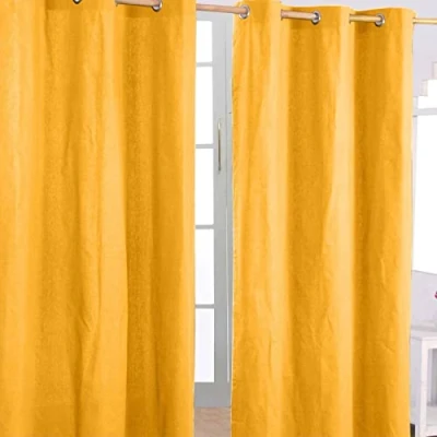 Image of HOMESCAPES Mustard Yellow Eyelet Curtain Pair 137cm (54&quot;) Wide x 228cm (90&quot;) Drop Plain Heavy Unlined Curtains