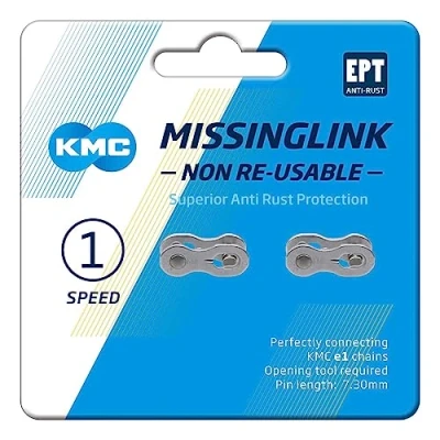 Image of KMC Unisex&#039;s e1 Single Speed EPT MissingLink Joining Link, Dark Silver, Narrow (3/32&quot;)