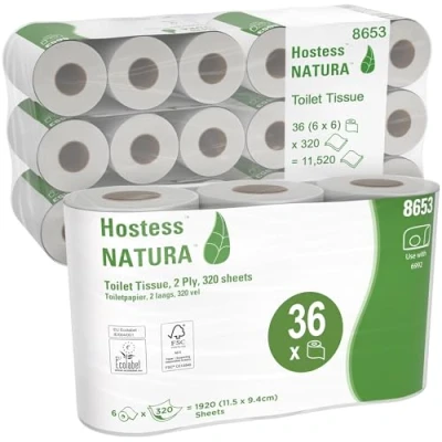 Image of Hostess NATURA Standard Roll Toilet Tissue 8653 2 Ply Paper 6 Packs of Rolls x 320 White Sheets (36 / 11,520 Total)