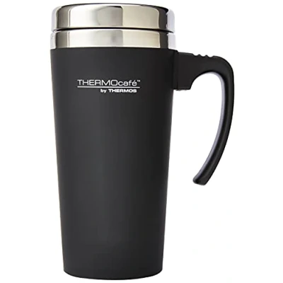 Image of Thermo Cafe 420 ml Plastic and Stainless Steel Soft Touch Travel Mug, Black Mug 400ml, Steel, Black, 1 Count (Pack of 1)