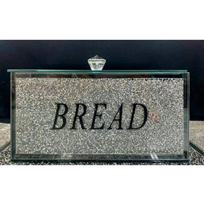 Image of TOV® XL Silver Crushed Diamond Crystal Mirrored Bread Bin Container Kitchen