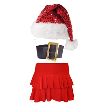 Image of labreeze Ladies Christmas Red Rara Skirt Sequin Santa Hat Buckle belt 3 Pcs Fancy Dress (SM)