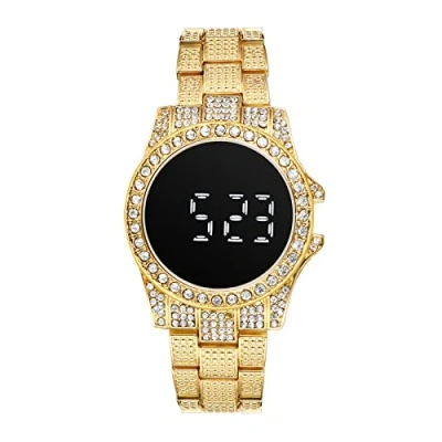 Image of JewelryWe Fully Jewelled Rhinestone Bling Watch for Men Women Touchscreen LED Display Dial Business Casual Dress Wristwatches