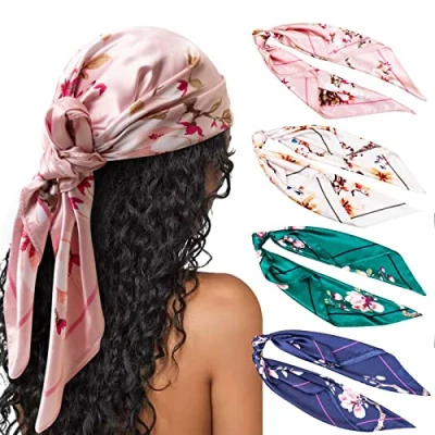 Image of DRESHOW 4 Pack Large Square Satin Headscarves Hair Scarves Silk Accessories Classic Patterned Squares Beach Bandanas for Women