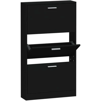 Image of vidaXL Modern Shoe Cabinet in Black Engineered Wood Storage Organiser with 3 Pull Down Drawers Living Room/Hallway Furniture