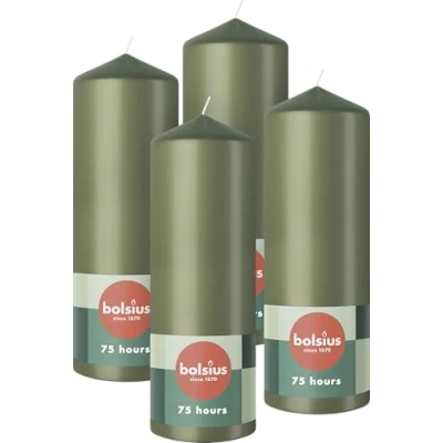 Image of Bolsius Pillar Candles Green 4 Pack 20 x 7 cm Decorative Household Long Burning Time of 75 Hours Unscented Includes Natural Vegan Wax Without Palm Oil