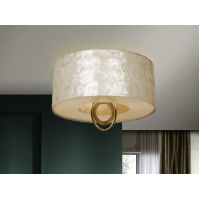 Image of Edan Semi Flush Ceiling Light Cylindrical, Gold, Black Leaf, Mother Of Pearl, 3x E27