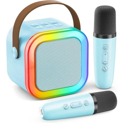 Image of Karaoke Machine for Kids Adults, Mini Portable Bluetooth Speaker with 2 Wireless Microphones, Machines Voice Changing Effects &amp; LED Lights, Best Gifts Toys Girls and Boys (Blue)