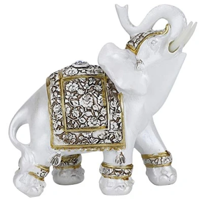 Image of Buachois Lucky Elephant Figurine Elegant Statue Resin Feng Shui Sculpture Wealth Ornament with Trunk Facing Upwards for Home Office Decoration Gold Flower Porcelain M
