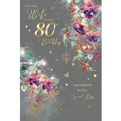 Image of Cherry Orchard Wife 80th Birthday Card from the Grace Range complete with Gold Envelope and Foil Detailing …