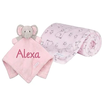 Image of Personalised Baby Gift Sets Embroidered Elephant Comforter &amp; Blanket Boy/Girl Set Shower (Pink Set)