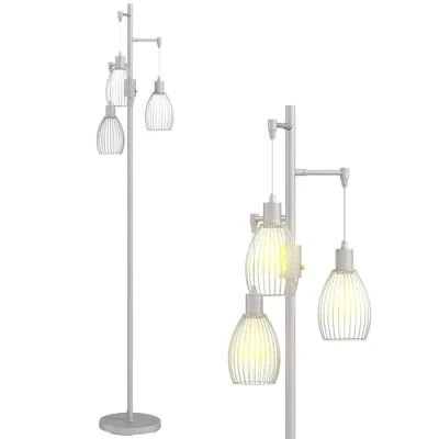 Image of HOMCOM 3 Light Floor Lamp, 170cm Industrial Dimmable Standing Lamp with Steel Wire Cage Lampshades for Living Room, Bedroom, Dining Study, Silver Tone