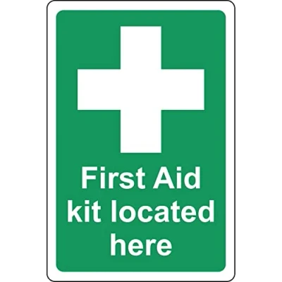 Image of First aid kit located here Safety sign Self adhesive sticker (300mm x 200mm)
