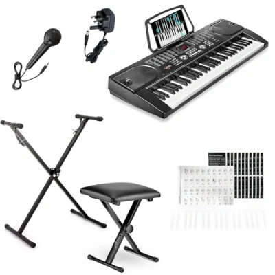 Image of Crystals 61 Key Digital Keyboard Piano Set for Beginners with Adjustable Stand, Padded Stool &amp; Microphone LCD Display, 128 Timbres Rhythms, Record Mode, Headphone Jack Black