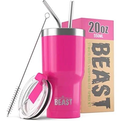 Image of Beast Tumbler 550 ml (20 oz), Cup Cake Pink Reusable Stainless Steel, Vacuum Insulated with + 2 Straws &amp; Cleaning Brush Double Wall Travel Flask Perfect for Hot or Iced Coffee BPA Free