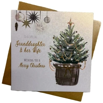 Image of WHITE COTTON CARDS GRANDDAUGHTER &amp; HER WIFE CHRISTMAS TREE CARD, HAND FINISHED (C23 43 GW)