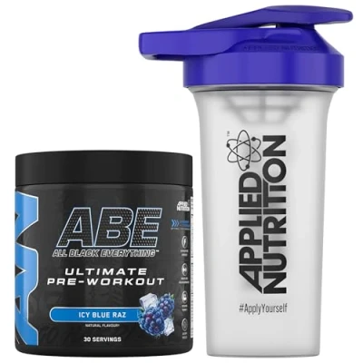 Image of Applied Nutrition Bundle ABE Pre Workout 375g + 700ml Protein Shaker All Black Everything Powder, Energy &amp; Physical Performance with Creatine, Beta Alanine (ICY Blue Raz)