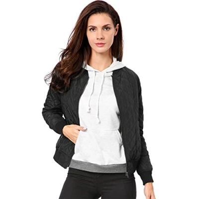 Image of Allegra K Women&#039;s Zip Up Raglan Long Sleeves Quilted Bomber Jacket Black S