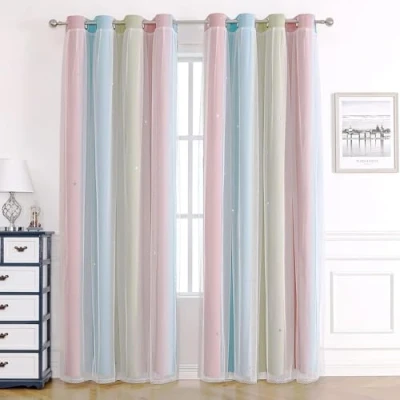 Image of Blackout Curtains for Living Room Bedroom Nursery Kids Home Office,Thick Eyelet Thermal Winter,White Voile Curtain Net Windows,2 Panels 46 x 54 inch Drop,Green Pink