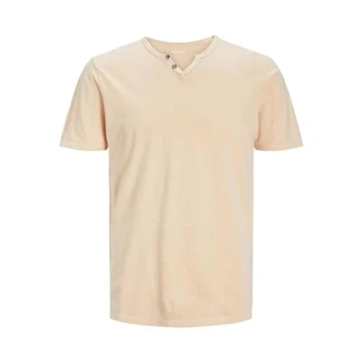 Image of JACK &amp; JONES Men&#039;s Basic Tee V Neck Short Sleeve Cotton Jersey Top with Buttons JJE Split, Colours:Orange, Size:XL
