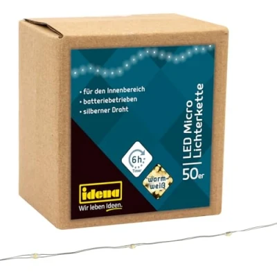 Image of Idena 31825 LED Micro Fairy Lights with 50 LEDs in Warm White, 6 Hour Timer Function, Battery Operated, Approx. 5.2 m Long, for Parties, Christmas, Decoration, Wedding, as Mood Light