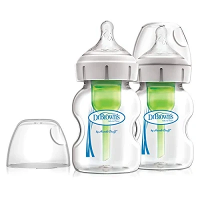 Image of Dr. Brown’s Natural Flow Anti Colic Options+ Wide Neck Glass Baby Bottle, 5oz/150ml, with Level 1 Slow Teat, 2 Pack