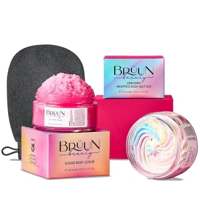 Image of BRÜUN Beauty Unicorn Whipped Butter with Exfoliating Body Scrub Cream A Bundle for and Skin Care Natural Ingredients Vitamin E Girls, Men, Women (Body + Cream)