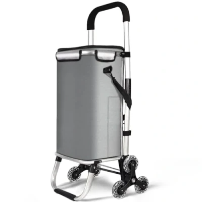 Image of VOUNOT Folding Shopping Trolley on 6 Wheels, Aluminium Lightweight Cart with Insulated Cooling Bag, Stair Climbing Grocery Trolley, 57L Grey