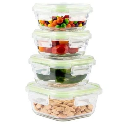 Image of Home Fleek Airtight Square Glass Food Containers with Lids Stackable Storage Containers, Space Saving, Airtight, Microwave, Oven and Freezer Safe Meal Prep (Set of 4, Green)