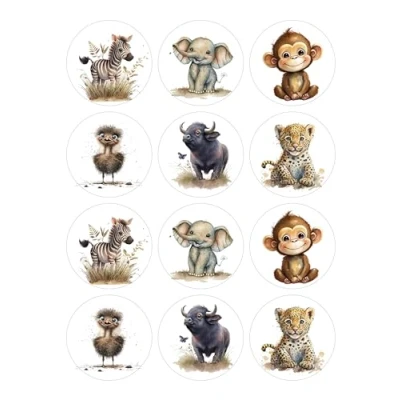 Image of 12 Safari Animals Selection Mini Card Making Toppers Self Adhesive Circles Glossy Finish Small 64mm (2.5 inches) Diameter Pack of Crafts Labels