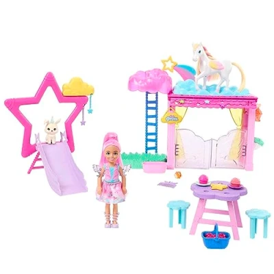 Image of Chelsea Barbie Doll and Baby Pegasus Playset, Winged Horse Toys, A Touch of Magic Set with Stable, Pet Bunny Accessories, JCW56