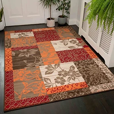Image of Traditional Red Orange Brown Floral Patchwork Rug Large Oriental Border Classic Living Room Lounge Hallway Area Rugs 160cm x 230cm