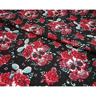 Image of Empee Halloween 100% Cotton Fabric Skulls &amp; Roses Craft Material Metre Black (132021)