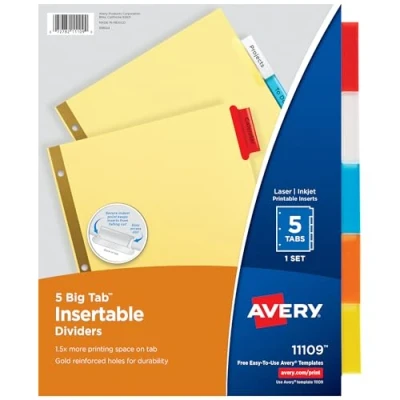 Image of Avery 5 Tab Binder Dividers, Insertable Multicolor Big Tabs, 1 Set (11109)