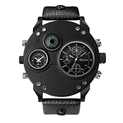 Image of JewelryWe Military Watch for Men Dual Time Zone Big Dial Quartz Cool Punk Leather Wristwatch, Fathers Day