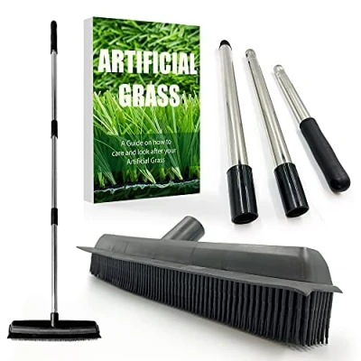 Image of Artificial Grass Brush Astro Turf − Broom with Soft Rubber Bristles and 3 Section Stainless Steel Handle, Rake + Free Care Guide