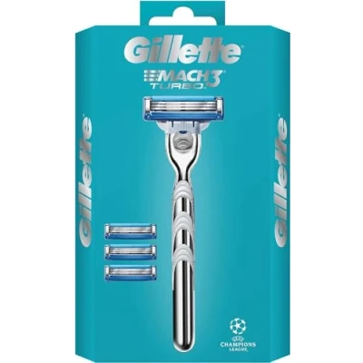 Image of Gillette Mach3 Turbo Razor for Men + 3 Stronger Than Steel Refill Blades, Mix, 4 Count