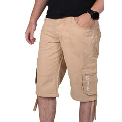 Image of True Face Mens Shorts Cargo Pockets Denim Combat Chino Button Up Flat Front Army Workwear Knee Length Straight Leg Casual Summer Work Half Pants Bottom Size 34 Sand