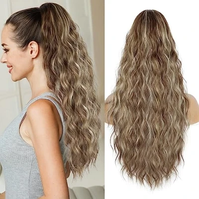 Image of 26 Inch Ponytail Extension, Synthetic Long Hair Pieces for Women, Soft Natural Pony Tails Extensions, Drawstring Extension Daily Use (Ash Brown with Platinum Blonde Highlights)