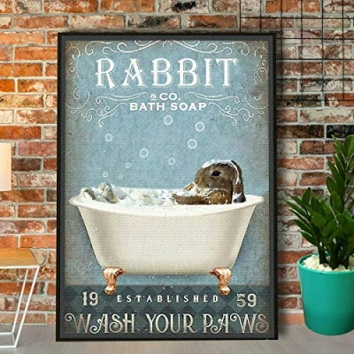 Image of Rabbit Bath Soap Wash Your Paws Poster Art Print Decor Home Wall Metal Sign 8x12 inches