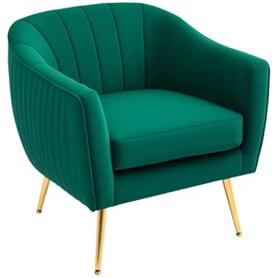 Image of HOMCOM Velvet Tub chair, Luxury Accent Chair with Golden Metal Leg, Comfy Upholstered Armchair Thick Padded Seat for Living Room, Green