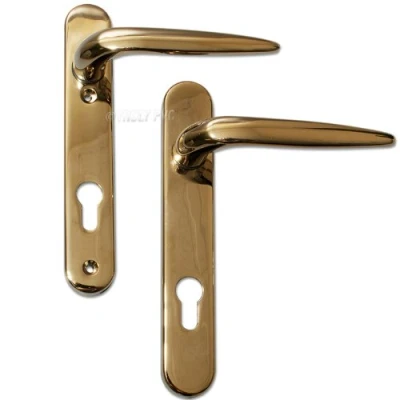 Image of Pair of Trojan Sparta 92PZ Short backplate Gold PVD Sprung Lever/Lever uPVC Door Handle Set