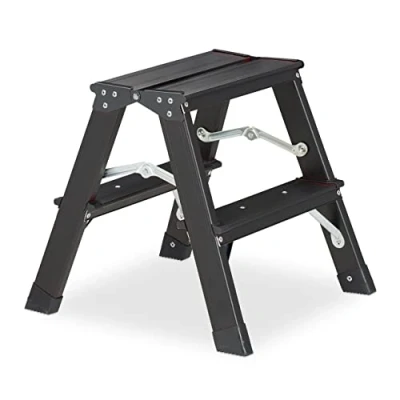 Image of Relaxdays Foldable Ladder, 2 Step, Aluminium, Load 120 kg, Foldup, Use Both Sides, HWD 39x38x40 cm, Black, 39 x 38 40 cm