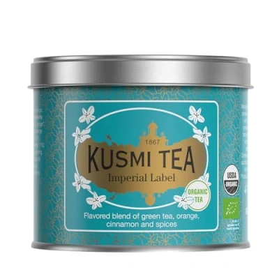 Image of Kusmi Tea Label Imperial 100 gr Loose Tin Organic Blend of Green Tea, Citrus &amp; Spices Flavored with Aniseed, Licorice, Ginger, Cardamom Orange Peel