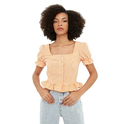 Image of Trendyol Women&#039;s Woman Fitted Bodycon Square Collar Woven Blouse Shirt, Coral, 36
