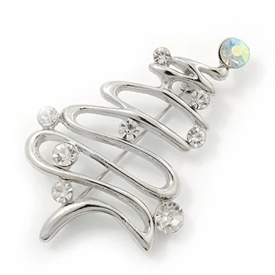 Image of Avalaya Silver Plated Clear Crystal &#039;Christmas Tree&#039; Brooch 5.5cm Length