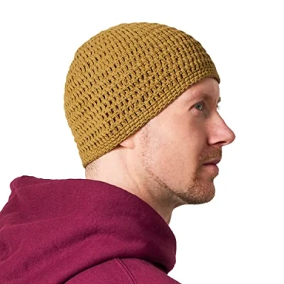 Image of CHARM Cotton Skull Cap for Men Crochet Kufi Hat Mens Beanie Prayer Knit Soft Sensitive Skin Chemo Yellow Beige L